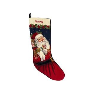 Vintage Lands' End Needlepoint Wool Santa Christmas Stocking "Mommy" Mono